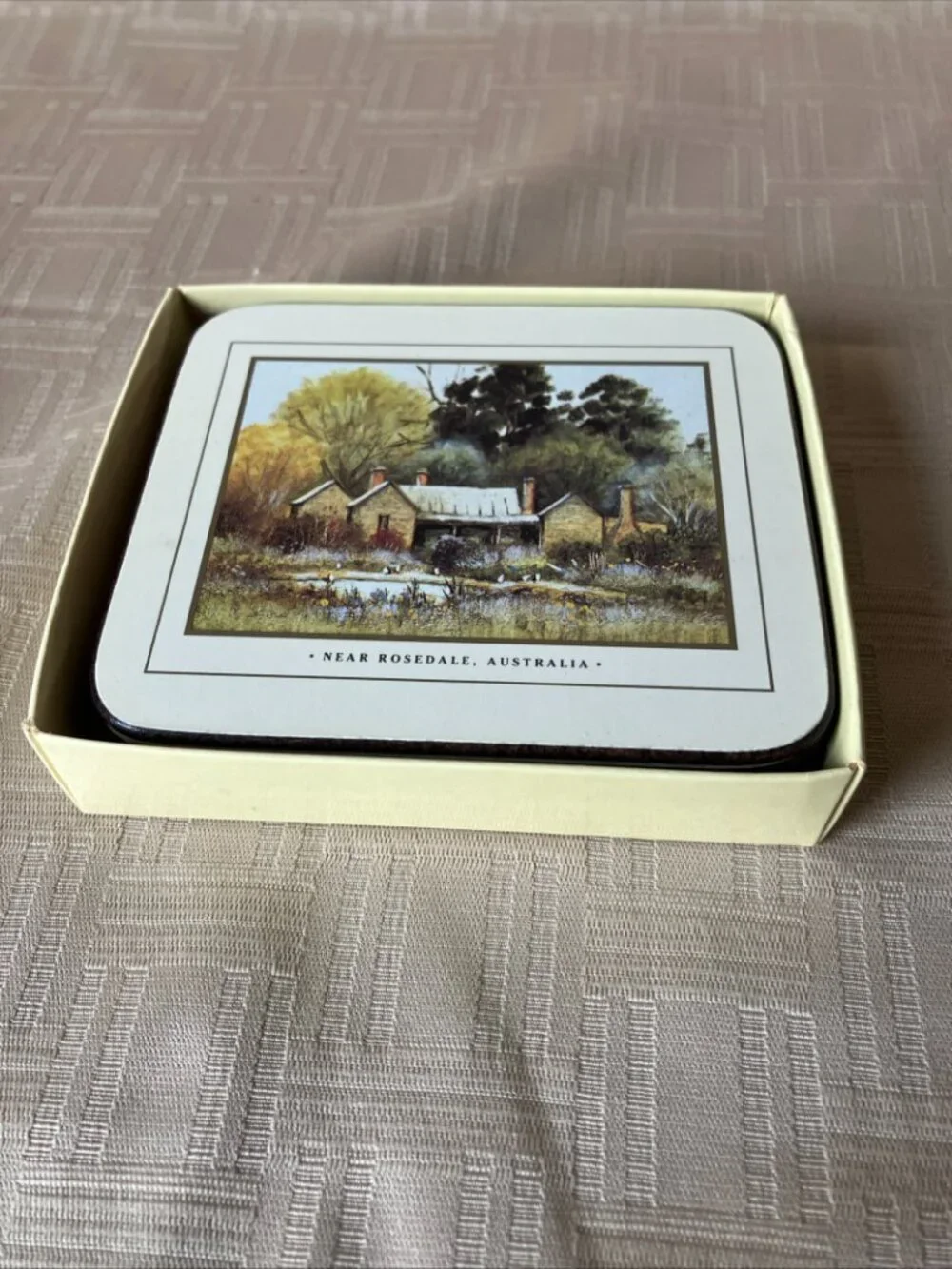Vintage set of 6 cork-backed coasters Australian brand 